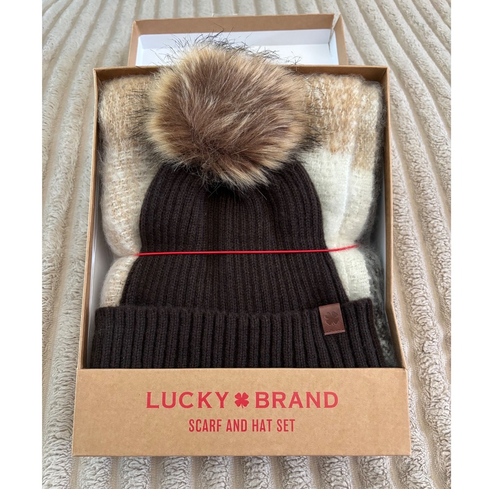 Lucky Brand Scarf and Hat Set Brown Plaid Knit Faux Fur Pom Beanie NIB